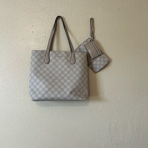 Gray Patterned Tote Bag with Pouch and Wallet